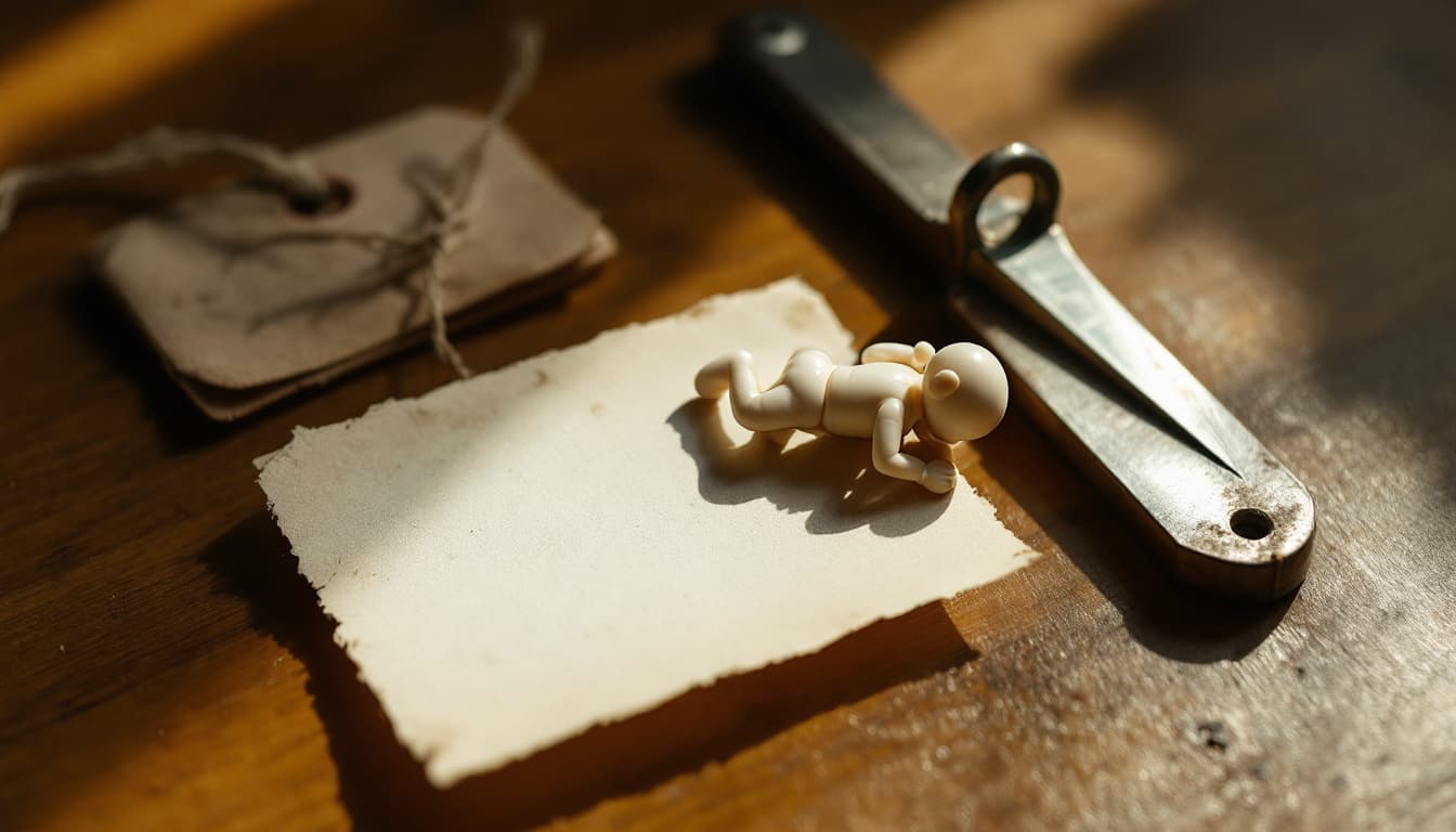 A registrar's table under raking light: a small unbranded vinyl figure on its side, a blank paper tag on string, a steel scale bar.
